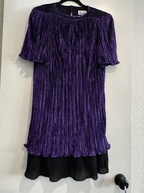 Risa Ann New York Purple Pleated Dress – Vintage Shimmer, Black Chiffon Hem